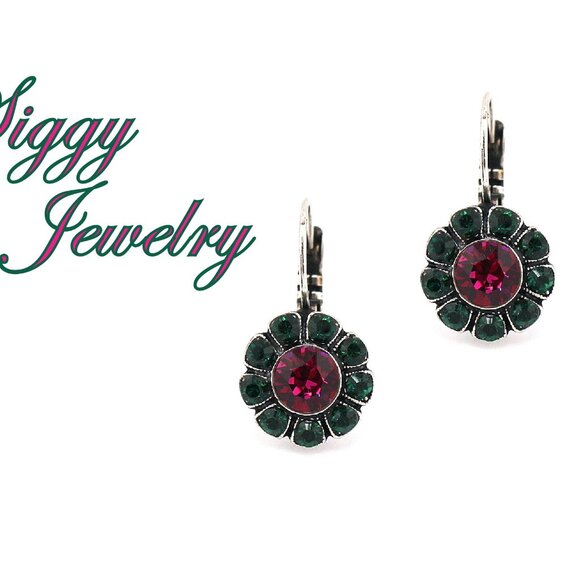 Austrian Crystal Daisy Flower Earrings, Fuchsia Center with Emerald Green Petals - Picture 5 of 5